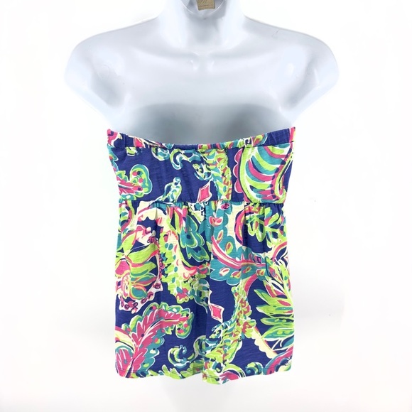 Lilly Pulitzer Val Strapless Top Size S Toucan Play Blue Swirl Babydoll Y2K - Picture 4 of 11